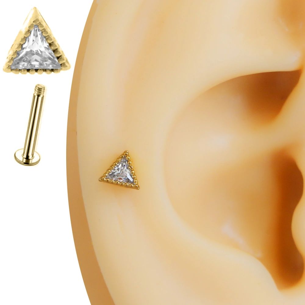 Altın rengi zirkon taşlı denge üçgeni figürlü tragus helix kıkırdak piercing kulak üzerinde duruşu