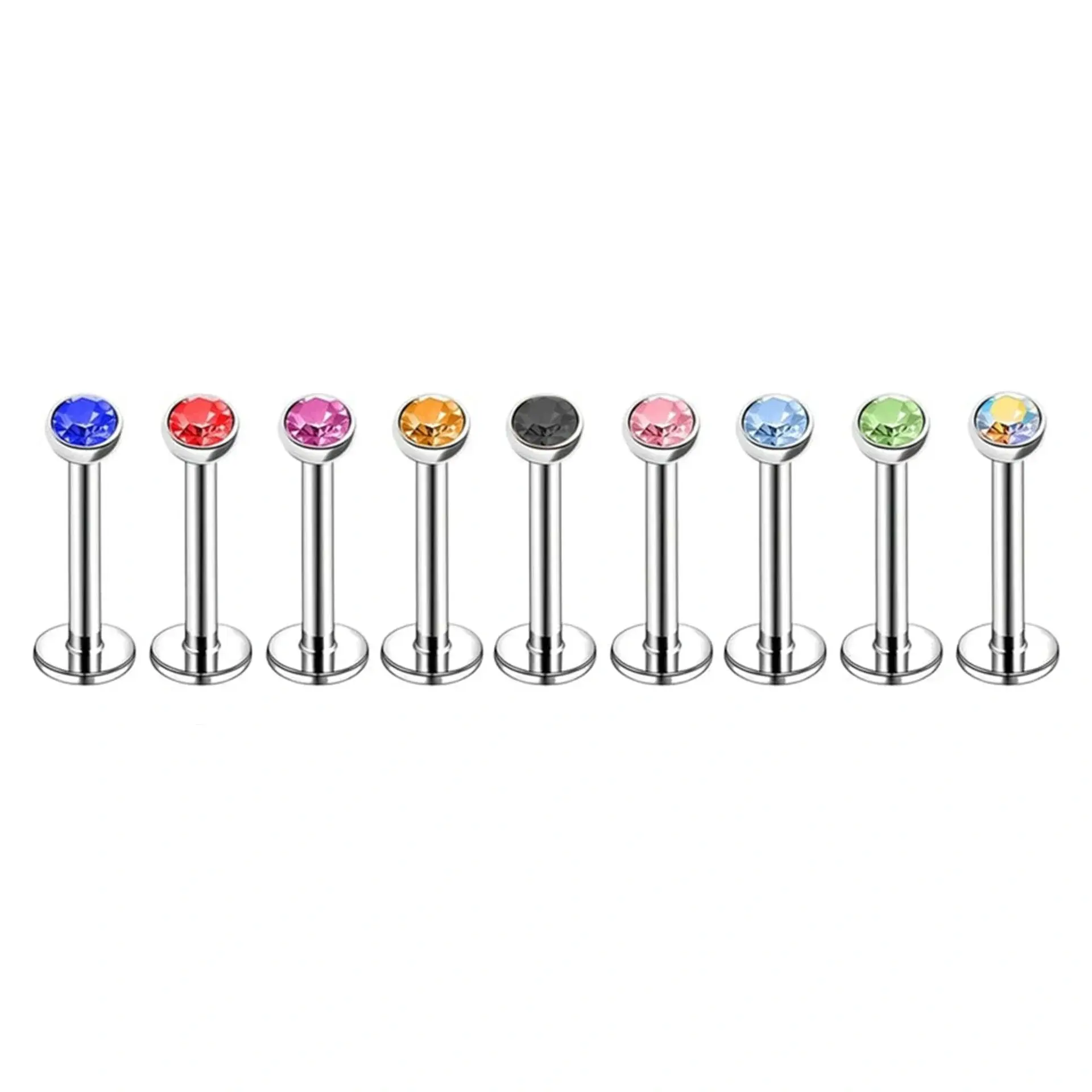 Arkası düz pürüzsüz çok renkli tek taşlı dudak labret piercing tasarımı