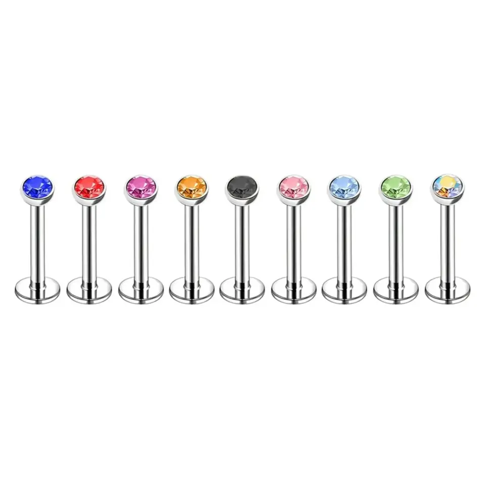 Arkası düz pürüzsüz çok renkli tek taşlı dudak labret piercing tasarımı
