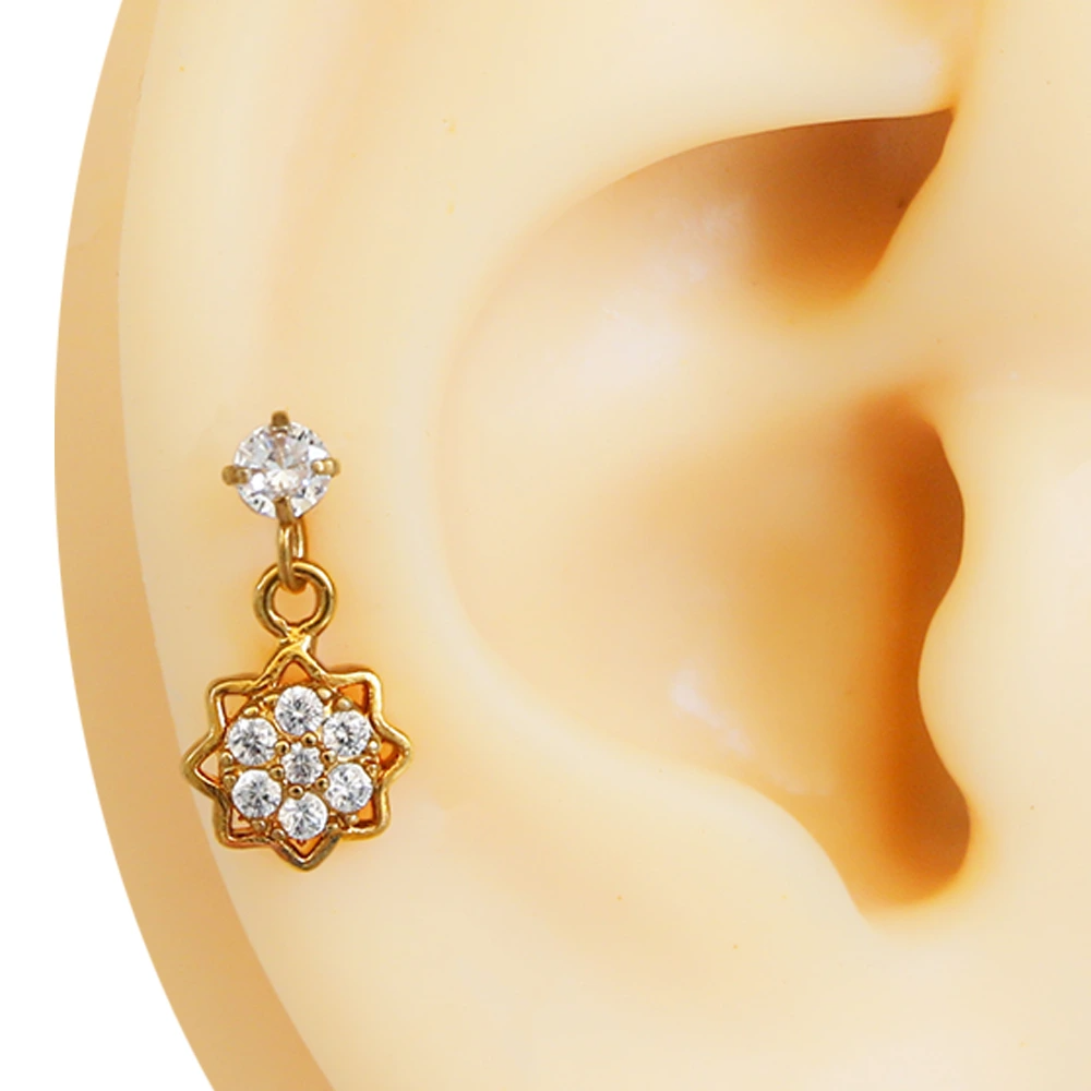 Altın rengi zirkon taşlı yaşam çiçeği figürlü tragus helix kıkırdak piercing kulak çekimi
