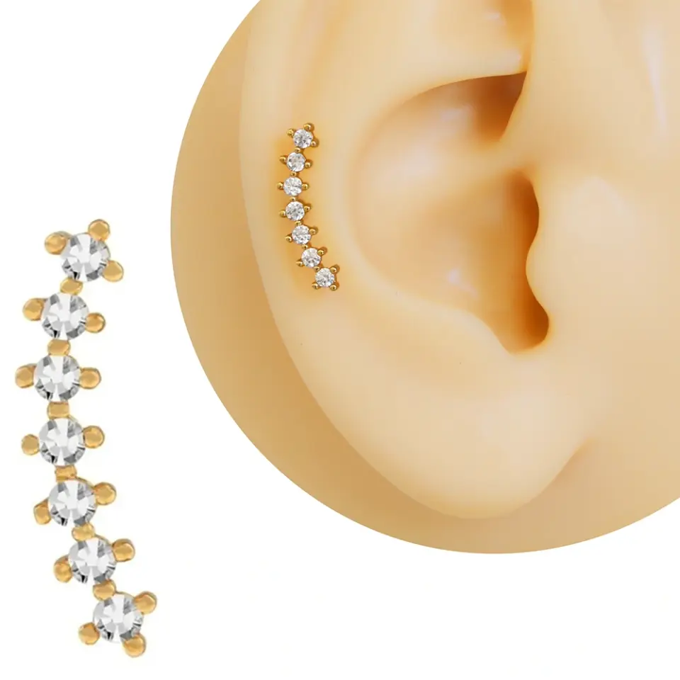 Altın rengi zirkon taşlı yıldız geçidi figürlü tragus helix kıkırdak piercing kulak çekimi