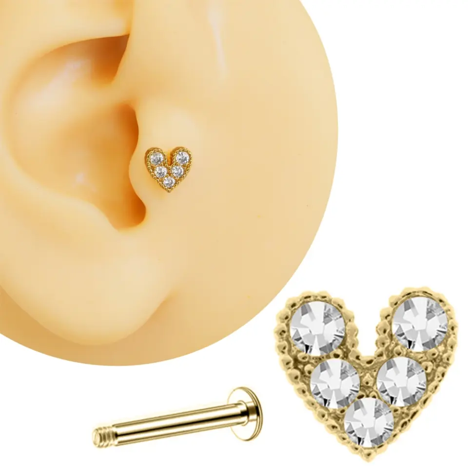 Altın rengi zirkon taşlı sevgi ışığı figürlü tragus helix kıkırdak piercing kulak çekimi