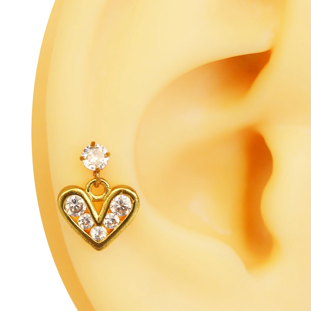 Zirkon taşlı kalp pusulası tasarımlı altın kaplama tragus helix kıkırdak piercing ürün detayları