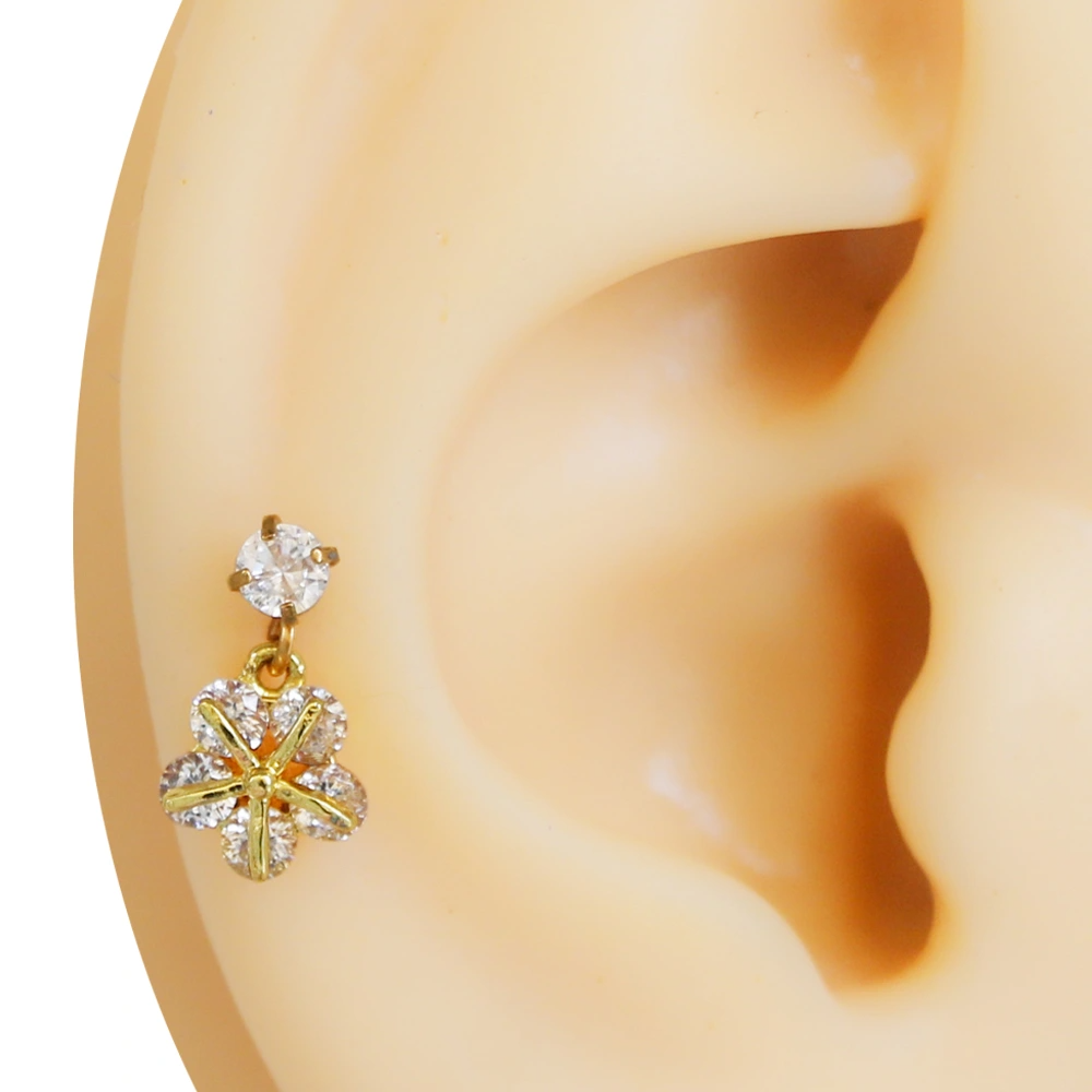 Altın rengi zirkon taşlı bahar muskası figürlü tragus helix kıkırdak piercing kulak çekimi