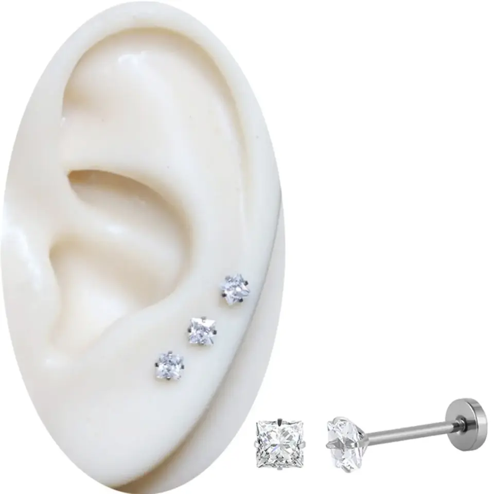 Arkası düz pürüzsüz gümüş flatback kare taşlı dudak labret piercing tasarımı