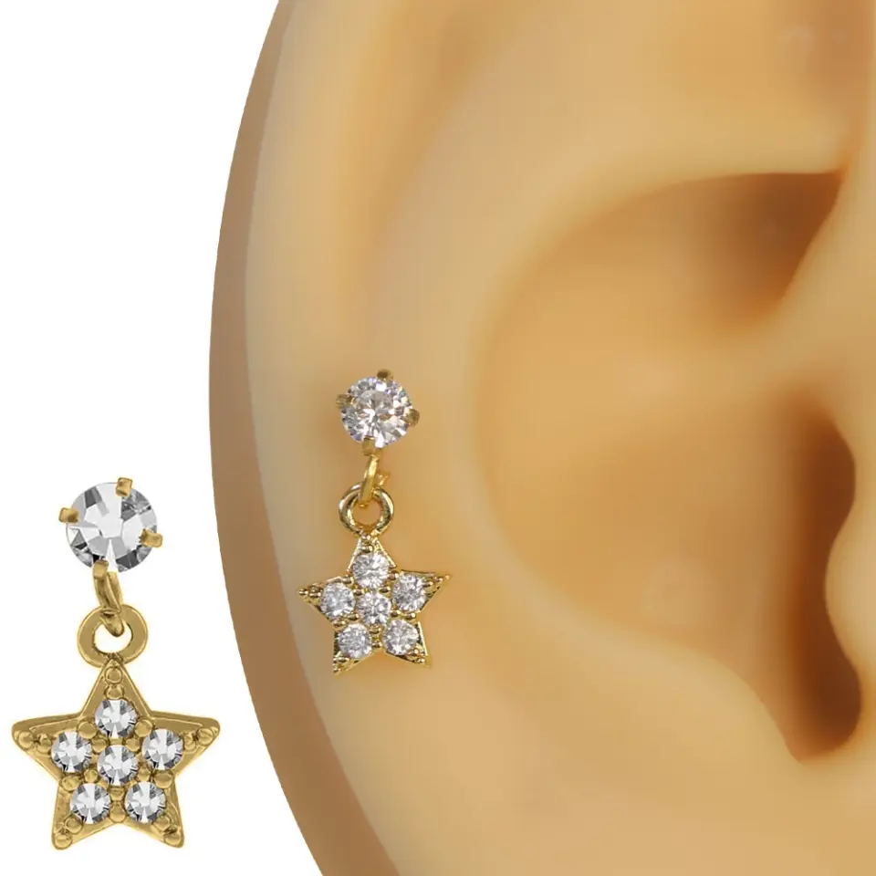 Altın rengi zirkon taşlı dilek yıldızı figürlü tragus helix kıkırdak piercing kulak üzerinde duruşu