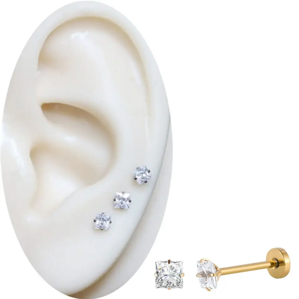 Arkası düz pürüzsüz gold flatback kare taşlı dudak labret piercing tasarımı