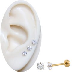 Kare Taş Gold Çelik Labret Piercing, Tragus-Dudak-Helix-Kıkırdak