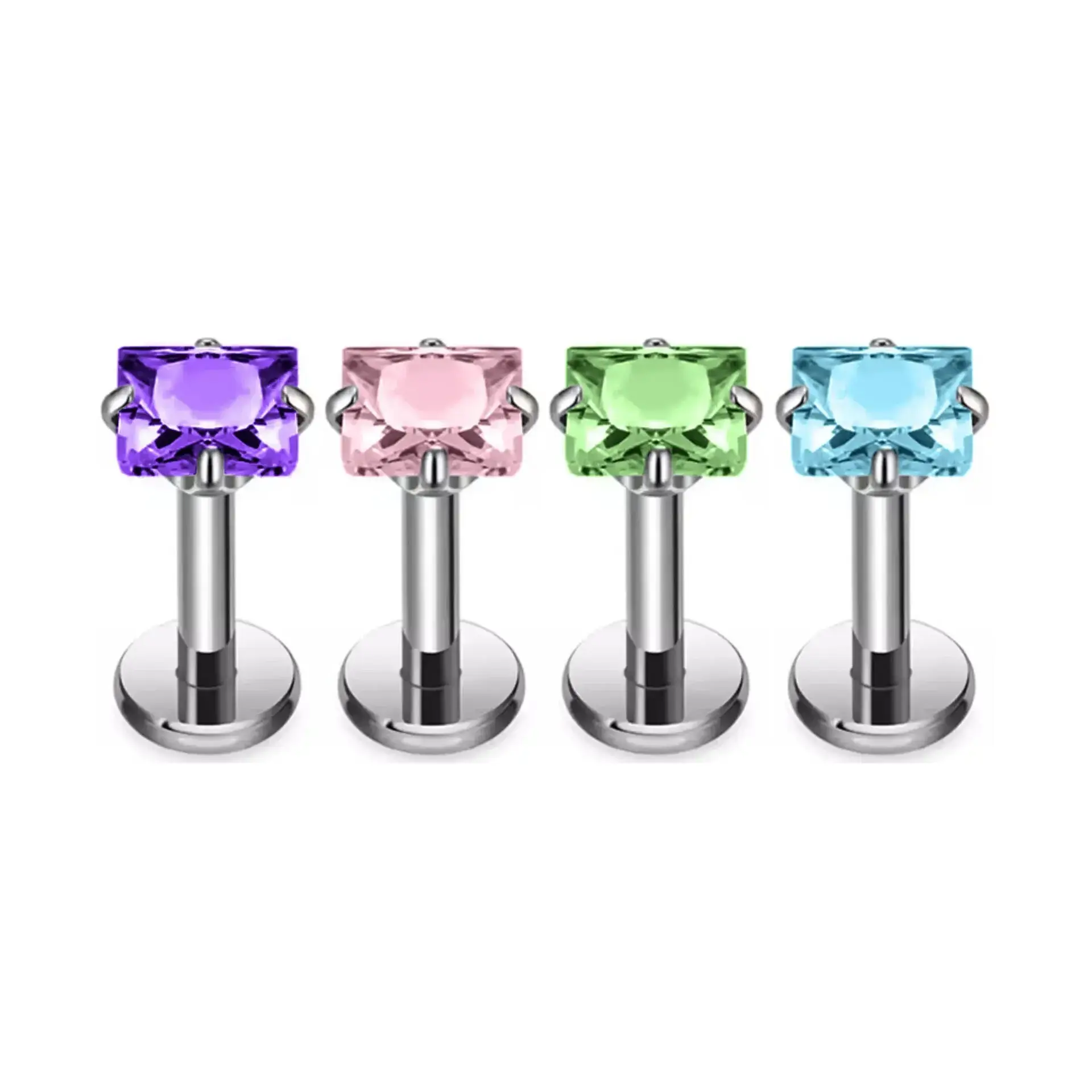 Mor pembe yeşil mavi kare zirkon taşlı dudak tragus burun kıkırdak piercing