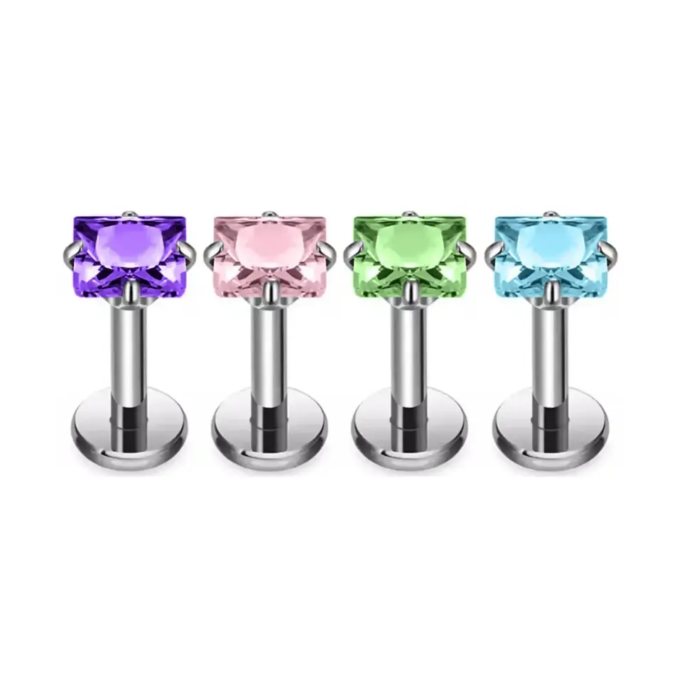 Mor pembe yeşil mavi kare zirkon taşlı dudak tragus burun kıkırdak piercing