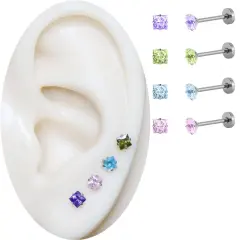 Arkası düz pürüzsüz gümüş flatback renkli kare taşlı dudak labret piercing