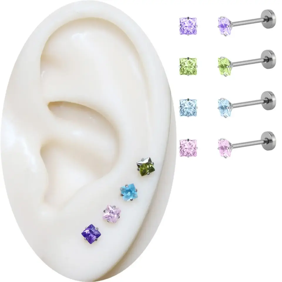 Arkası düz pürüzsüz gümüş flatback renkli kare taşlı dudak labret piercing