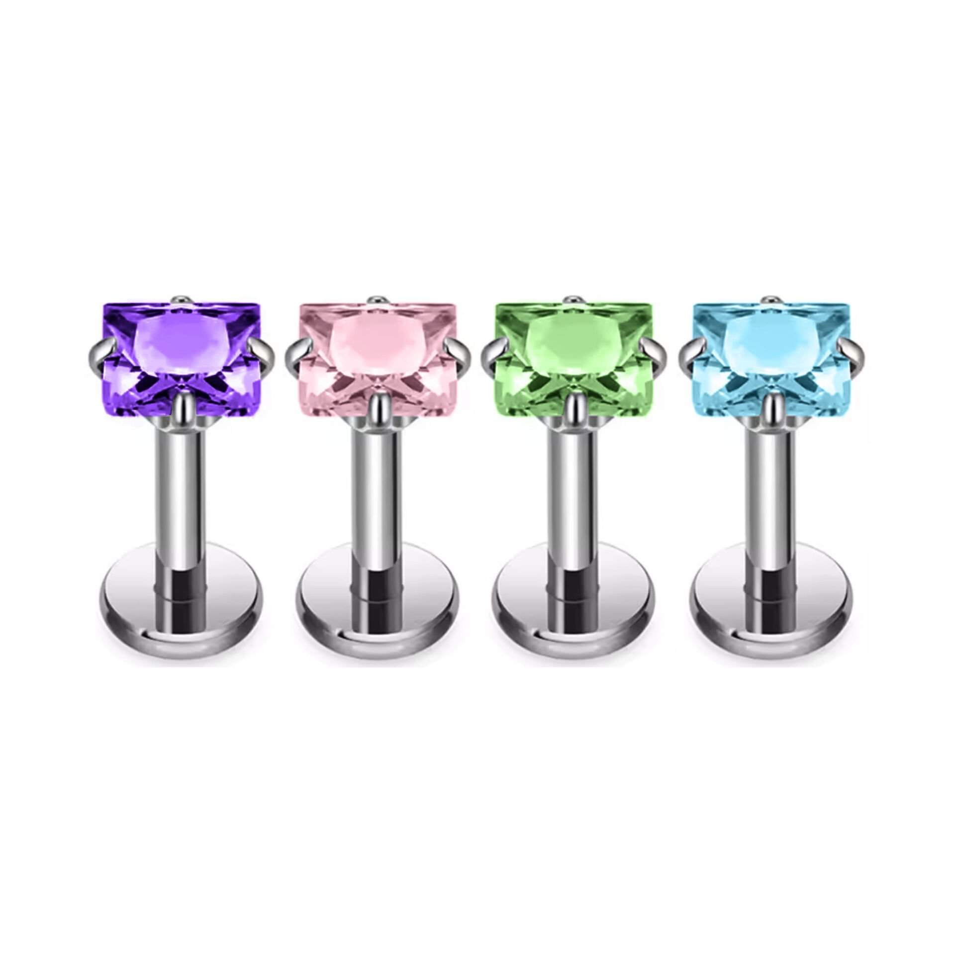 Renkli Kare Taş Çelik Labret Piercing, Tragus-Dudak-Helix-Kıkırdak