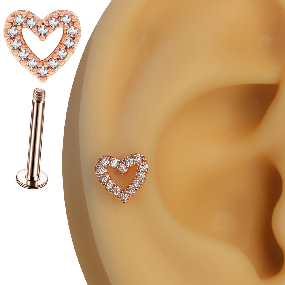 Rose gold gül kalbi zirkon taşlı tragus helix kıkırdak piercing kulaktaki estetik duruşu