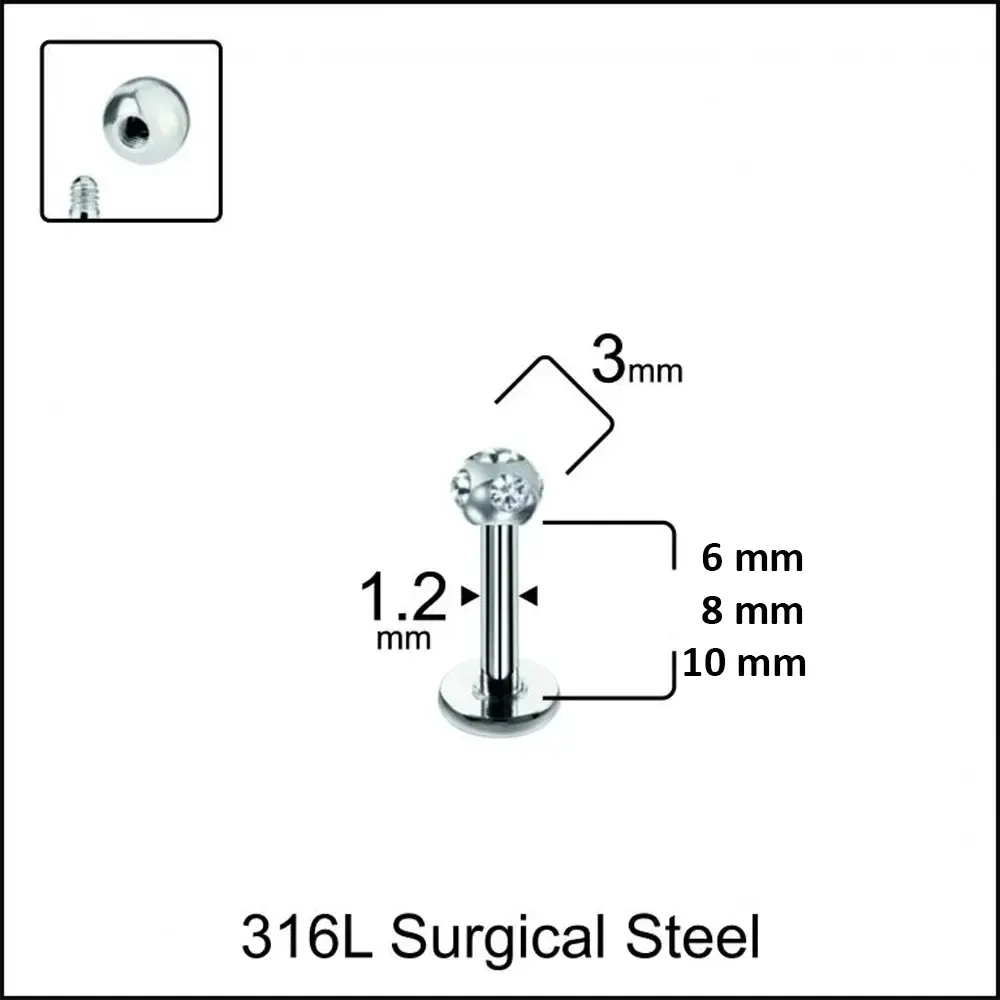 6mm 8mm 10mm bar seçenekli disko taşlı gümüş dudak piercing modelleri