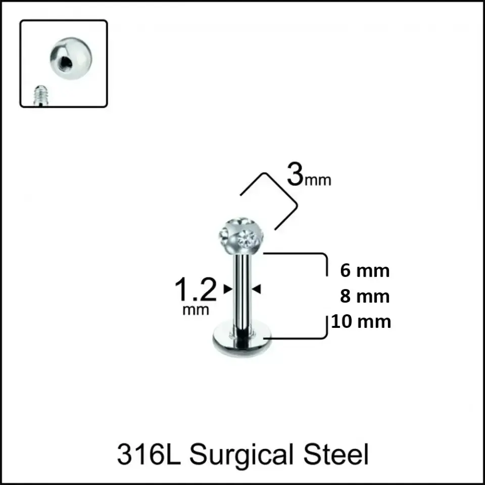 6mm 8mm 10mm bar seçenekli disko taşlı gümüş dudak piercing modelleri