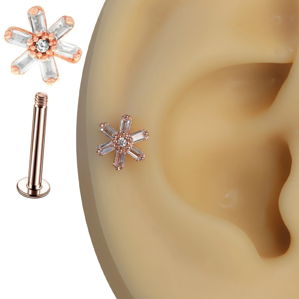 Rose gold buz çiçeği baget zirkon taşlı tragus helix kıkırdak piercing kulak üzerindeki kristalize duruşu