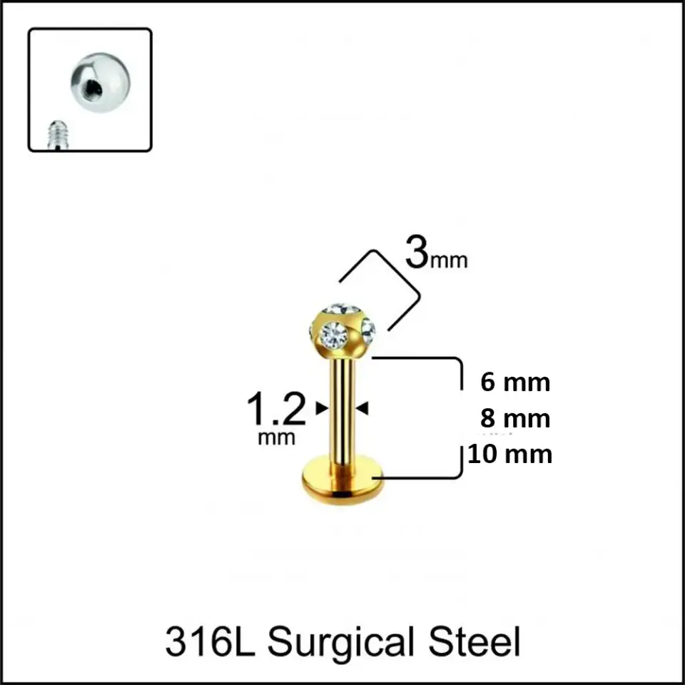 6mm 8mm 10mm bar seçenekli gold disko taşlı dudak piercing modelleri