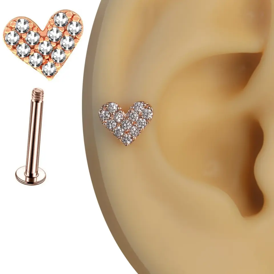 Rose gold ışıl kalp zirkon taşlı romantik tragus helix kıkırdak piercing kulak üzerindeki zarif duruşu