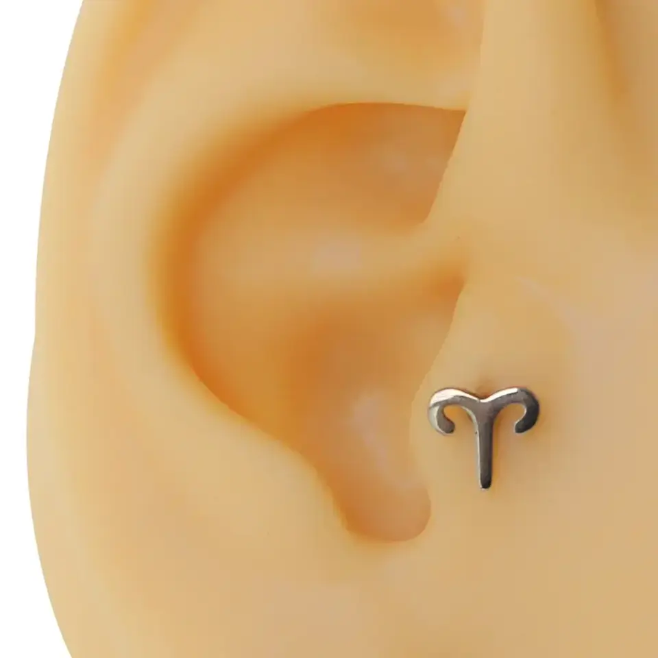 316L anti-alerjik cerrahi çelik koç burcu kıkırdak küpesi makro görünüm.