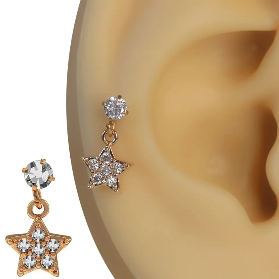 Rose gold yıldız dansı sallantılı zirkon taşlı tragus helix kıkırdak piercing kulak üzerindeki hareketli duruşu