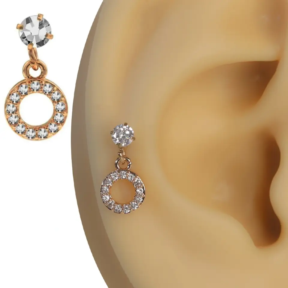 Rose gold halka ışıtısı çift halkalı zirkon taşlı tragus helix kıkırdak piercing kulak üzerindeki modern duruşu