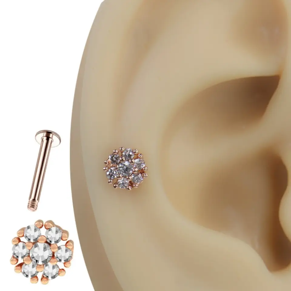 Işıltı Çiçek Rose Gold Zirkon Taşlı Zarif Tragus Helix Kıkırdak Piercing