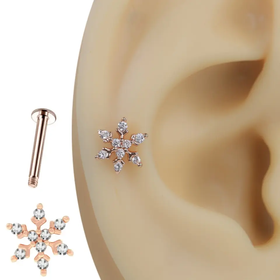 Rose gold buz çiçeği baget zirkon taşlı tragus helix kıkırdak piercing kulak üzerindeki kristalize duruşu
