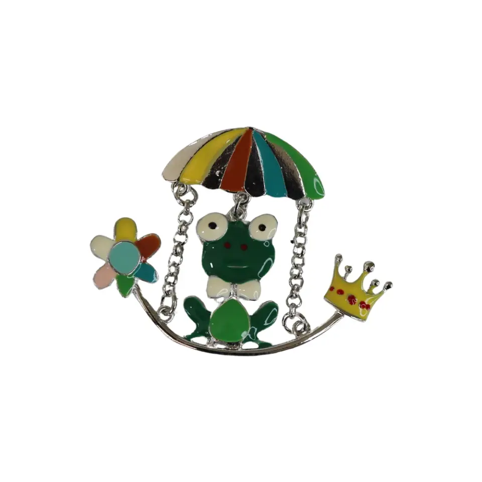 Kumaş çanta ve kot ceket süslemesi için renkli şemsiyeli ve taçlı kurbağa model alternatif tarz iğneli rozet tasarımı