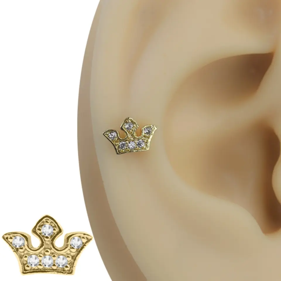 Altın rengi güneş tacı zirkon taşlı tragus helix kıkırdak piercing kulak üzerindeki görkemli duruşu