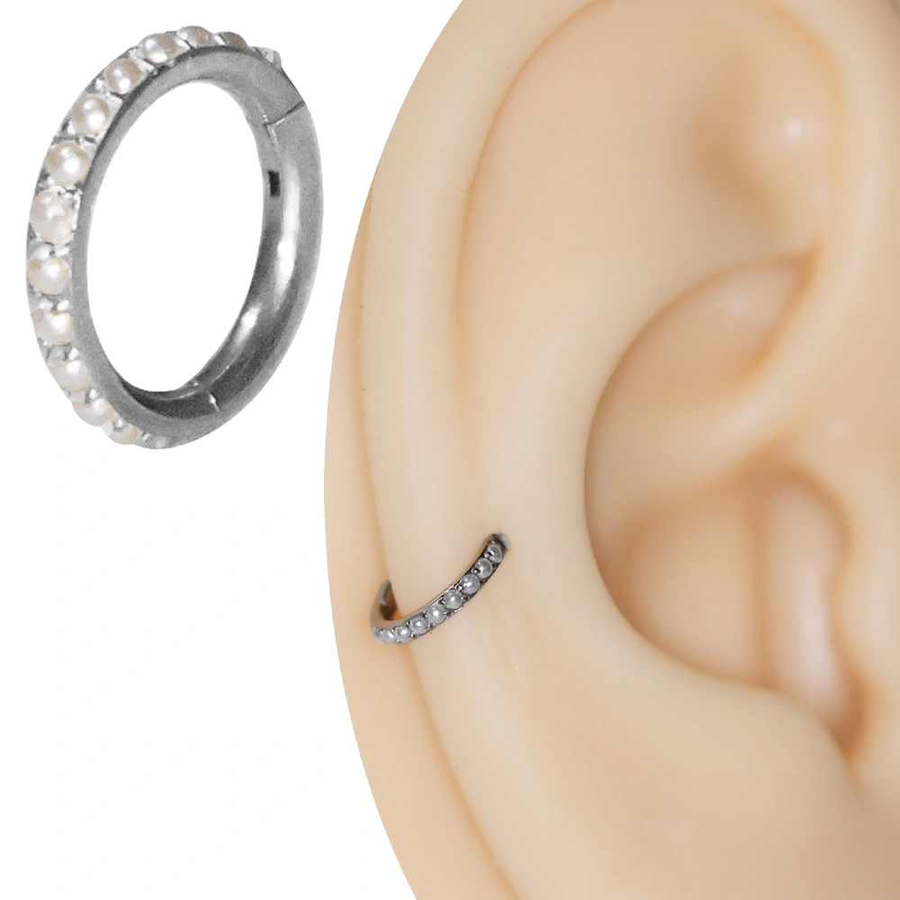 Petite Pearl Gümüş Renk İncili Menteşeli Clicker 316L Cerrahi Çelik Halka Burun Kıkırdak Piercing