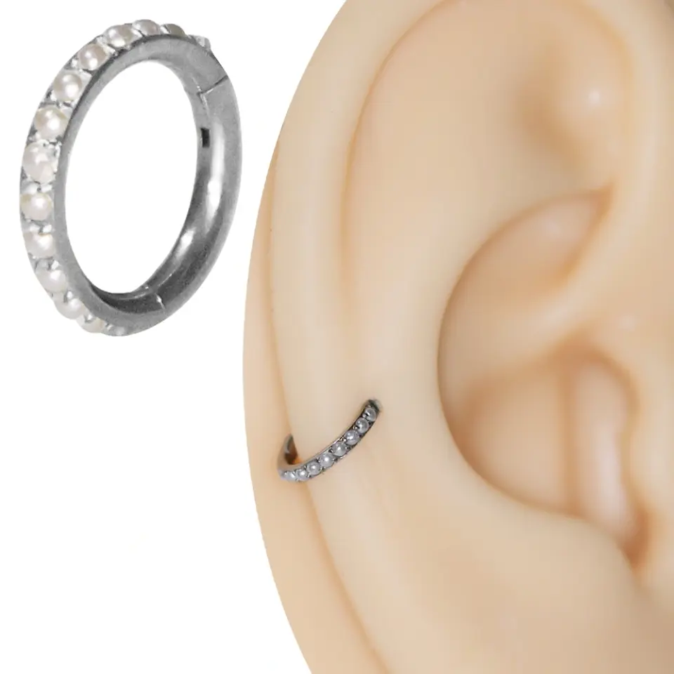 Gümüş İncili Menteşeli Clicker Cerrahi Çelik Halka Burun Helix Piercing