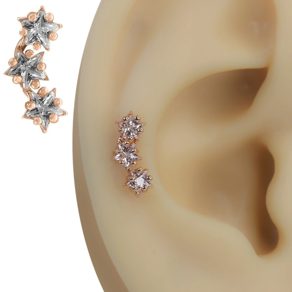 Rose gold yıldız yağmuru üçlü yıldız zirkon taşlı tragus helix kıkırdak piercing kulak üzerindeki dikey duruşu