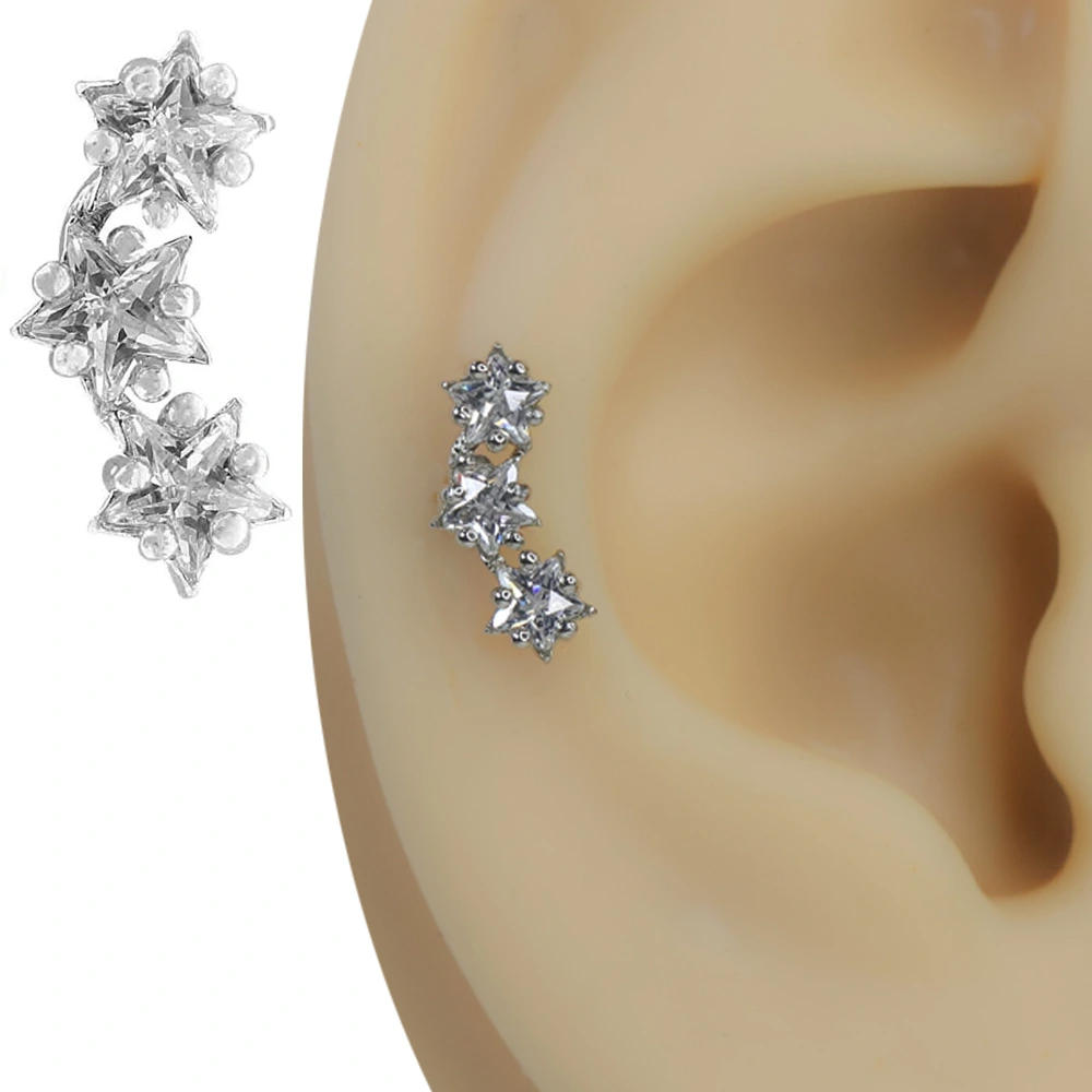 Gümüş rengi yıldız yağmuru üçlü yıldız zirkon taşlı tragus helix kıkırdak piercing kulak üzerindeki dikey duruşu