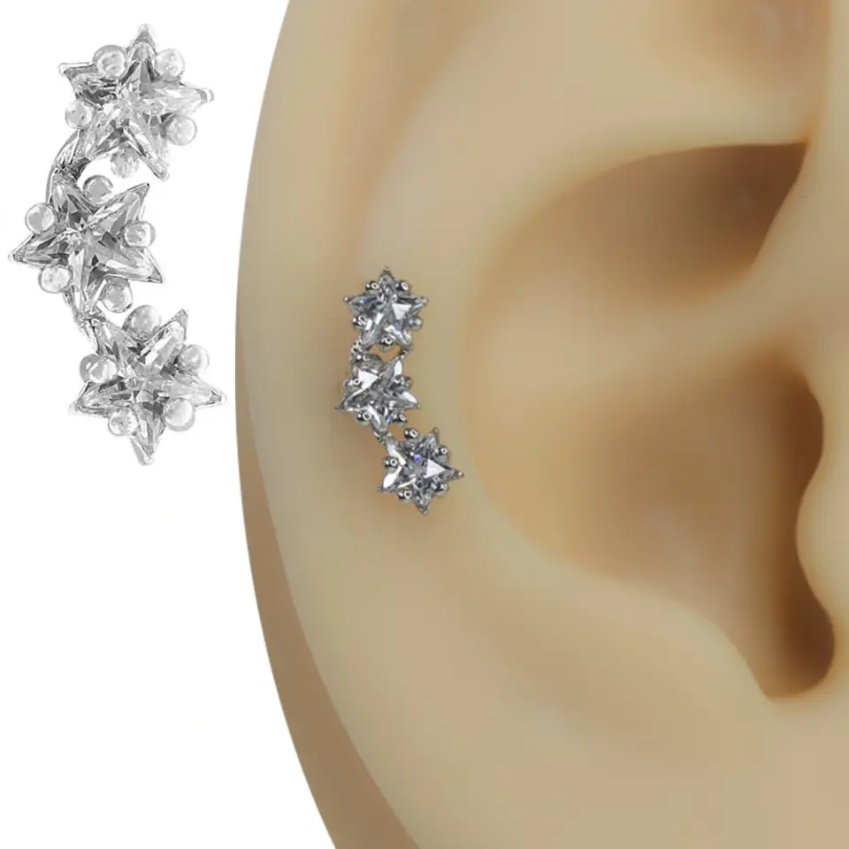 Gümüş rengi yıldız yağmuru üçlü yıldız zirkon taşlı tragus helix kıkırdak piercing kulak üzerindeki dikey duruşu
