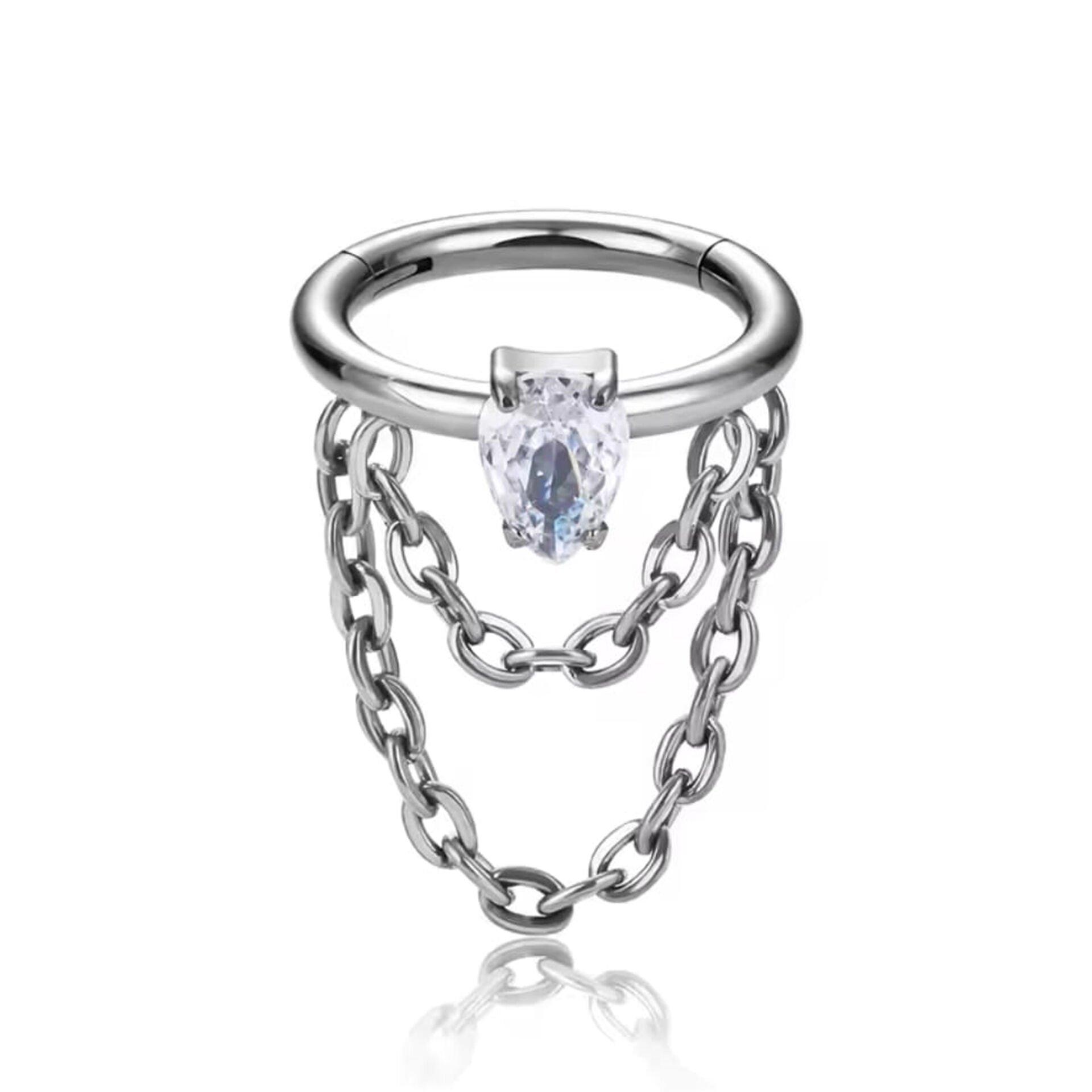 Damla Zirkon Çift Zincir Kilitli Çelik 8 mm Halka Piercing, Tragus-Helix-Kıkırdak-Auricle