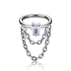 Damla Zirkon Çift Zincir Kilitli Çelik 8 mm Halka Piercing, Tragus-Helix-Kıkırdak-Auricle