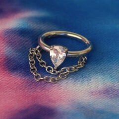 Damla Zirkon Çift Zincir Kilitli Çelik 8 mm Halka Piercing, Tragus-Helix-Kıkırdak-Auricle