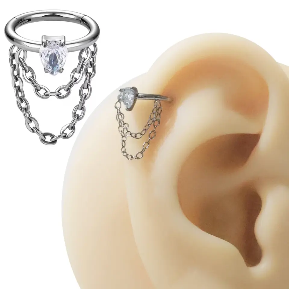 Gümüş renkli menteşeli clicker Rainfall tasarımı 316L cerrahi çelik halka helix kıkırdak piercing