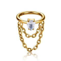 Damla Zirkon Çift Zincir Kilitli Gold Çelik 8 mm Halka Piercing, Tragus-Helix-Kıkırdak-Auricle