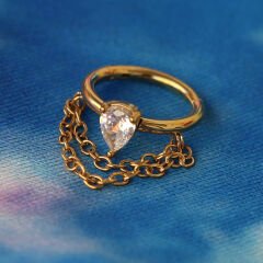 Damla Zirkon Çift Zincir Kilitli Gold Çelik 8 mm Halka Piercing, Tragus-Helix-Kıkırdak-Auricle