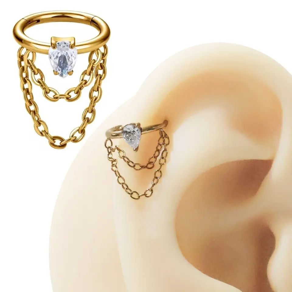 Septum ve tragus bölgesinde sergilenen altın kararmayan Rainfall halka helix kıkırdak piercing