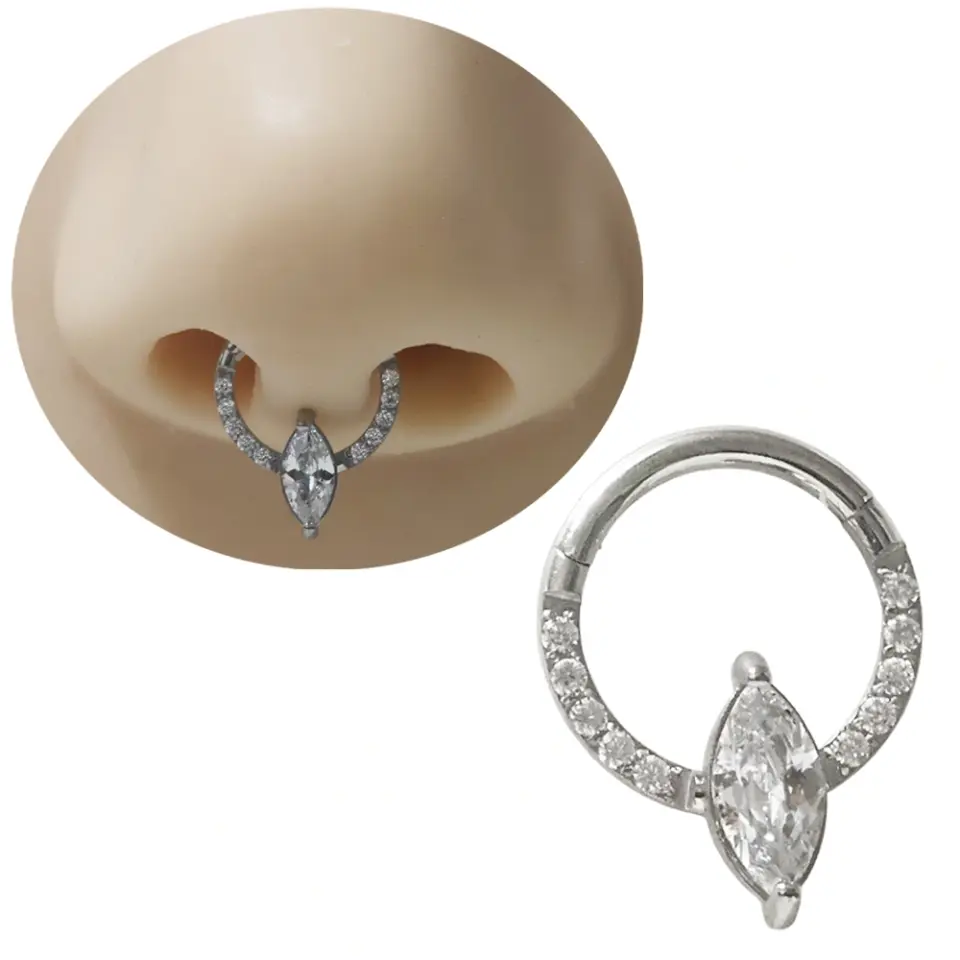 Gümüş renkli menteşeli clicker Empress Halo tasarımı 316L cerrahi çelik halka septum kıkırdak piercing