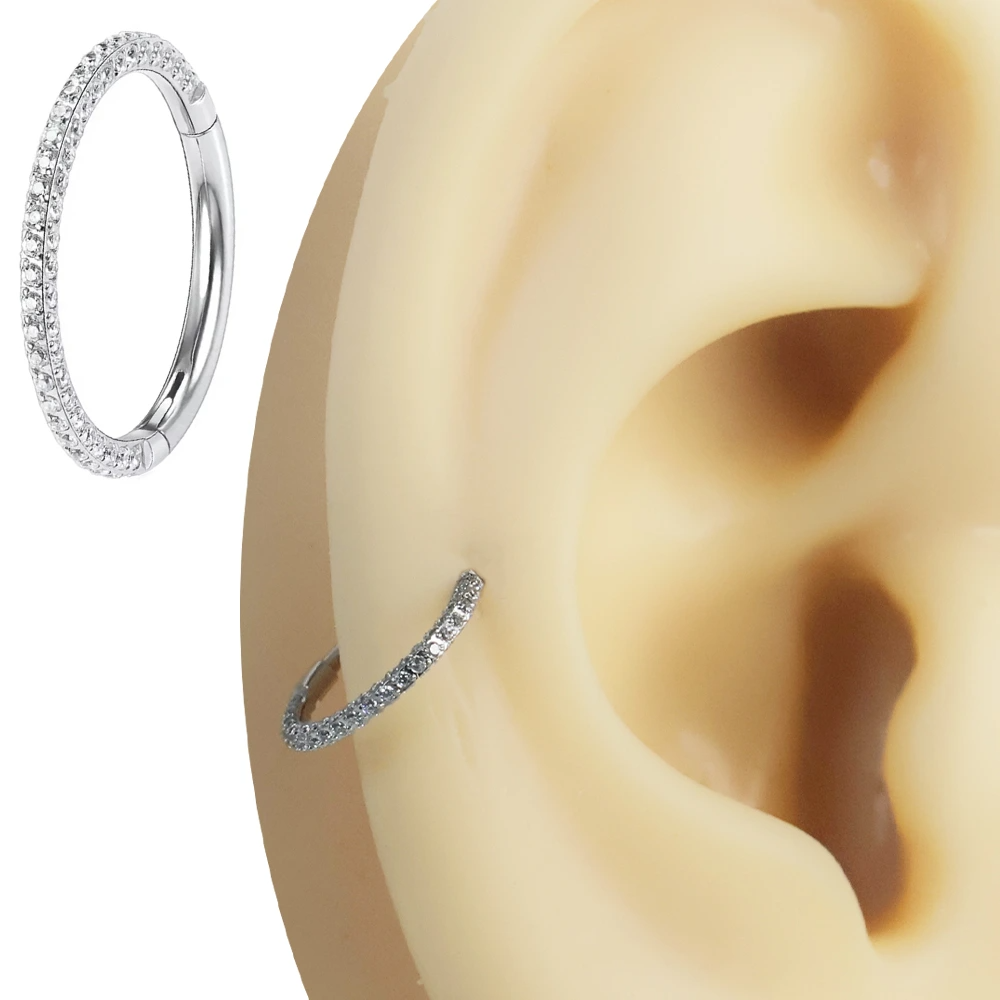 Gümüş renkli üç tarafı zirkon taşlı menteşeli clicker Aura Glow tasarımı 316L cerrahi çelik halka septum kıkırdak piercing