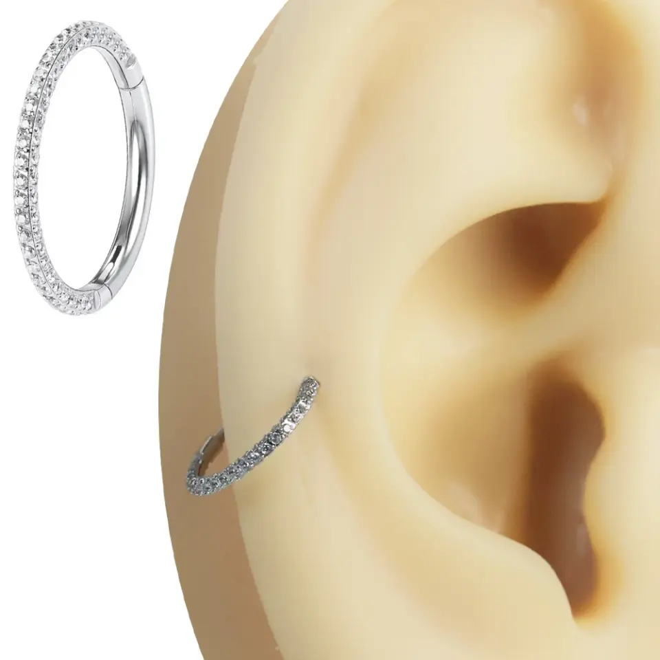 Gümüş renkli üç tarafı zirkon taşlı menteşeli clicker Aura Glow tasarımı 316L cerrahi çelik halka septum kıkırdak piercing