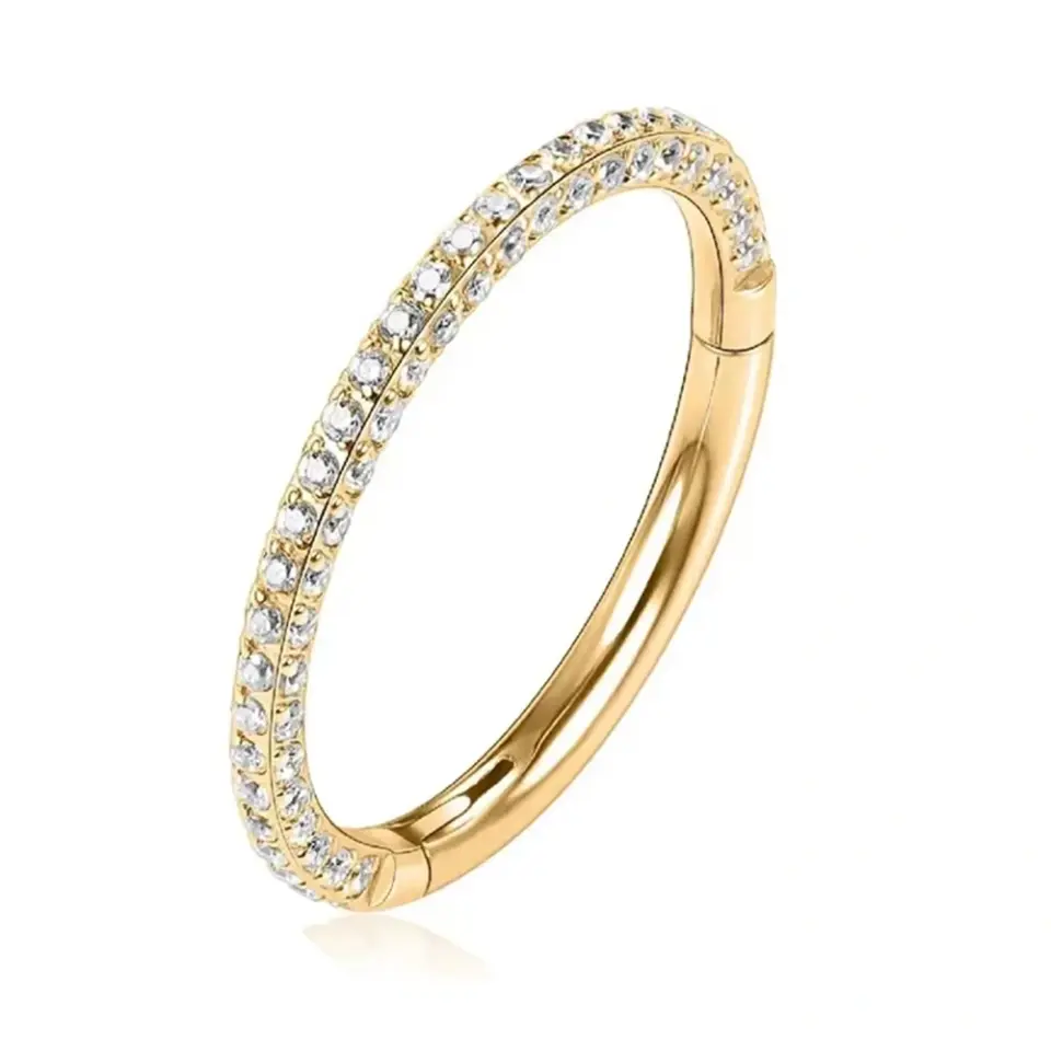 Altın renkli üç tarafı zirkon taşlı menteşeli clicker Aura Glow tasarımı 316L cerrahi çelik halka septum kıkırdak piercing