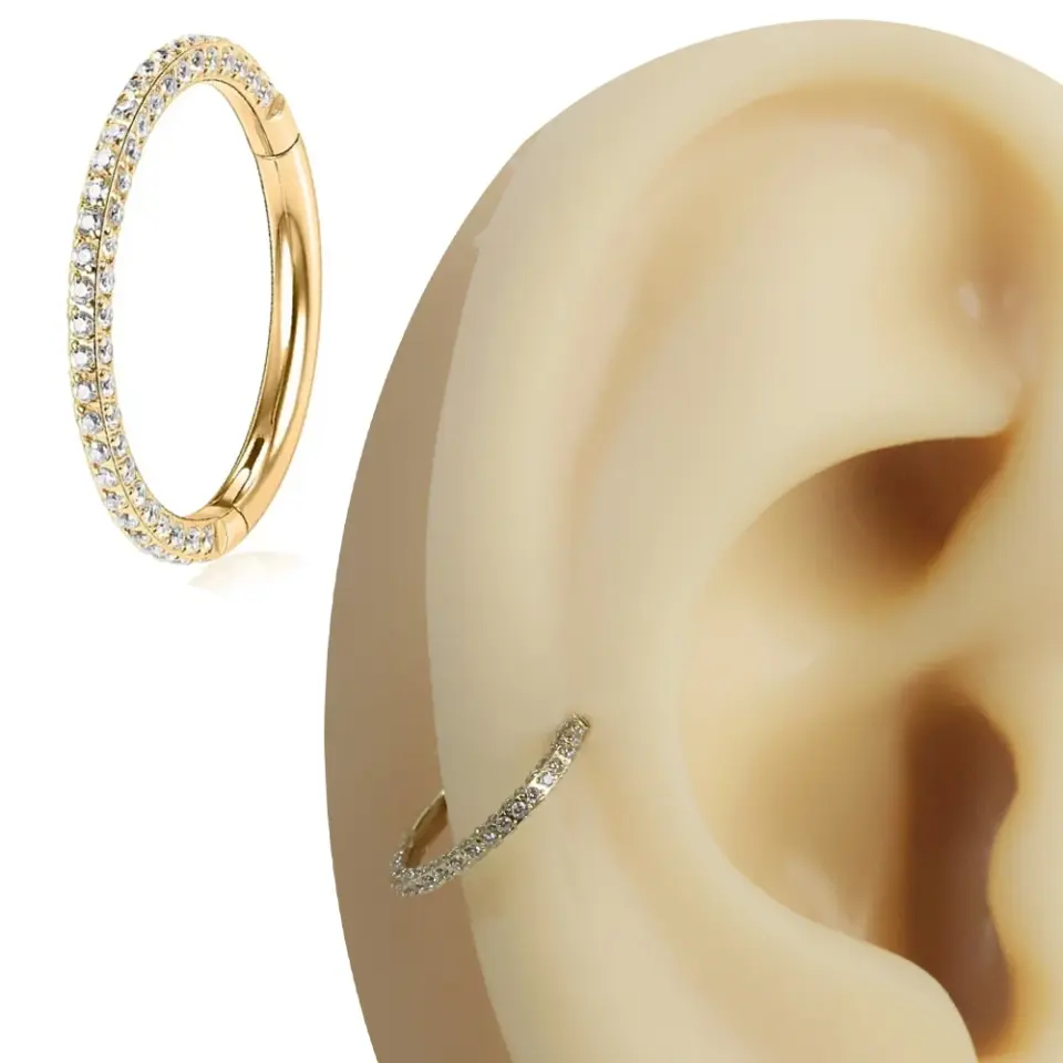 Aura Glow Altın Renk Üç Tarafı Zirkon Taşlı Menteşeli Clicker 316L Cerrahi Çelik Halka Septum Kıkırdak Piercing