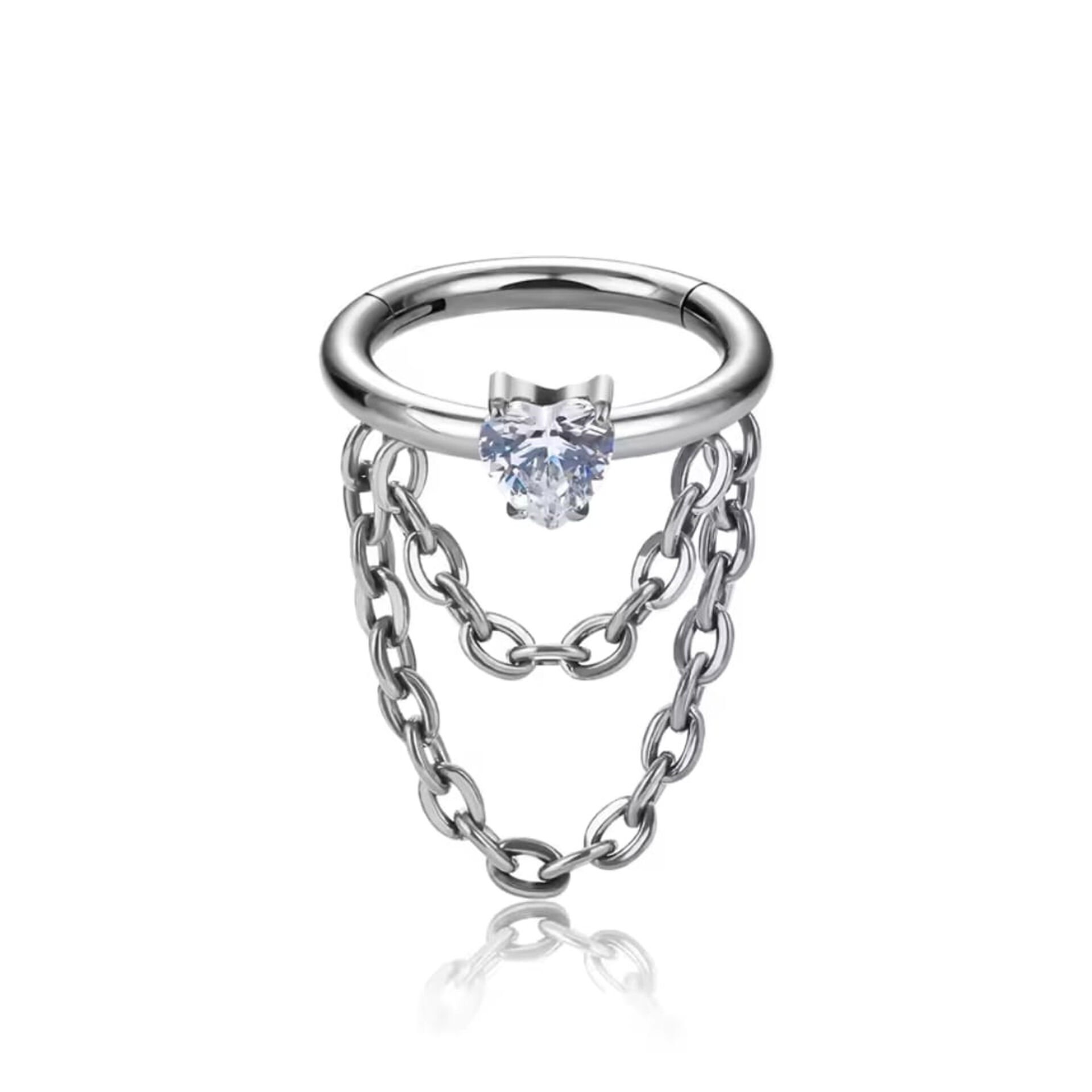 Kalp Zirkon Çift Zincir Kilitli Çelik 8 mm Halka Piercing, Helix-Kıkırdak-Auricle