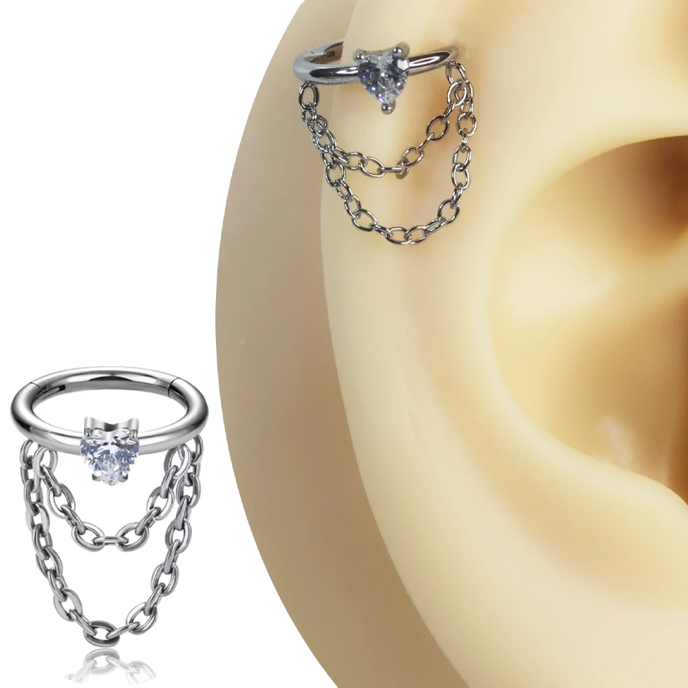 Gümüş renkli menteşeli clicker Amour Chain tasarımı 316L cerrahi çelik halka helix kıkırdak piercing