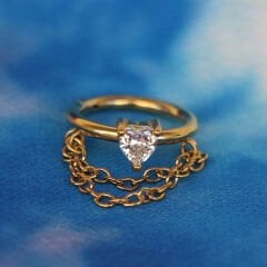 Kalp Zirkon Çift Zincir Kilitli Gold Çelik 8 mm Halka Piercing, Helix-Kıkırdak-Auricle